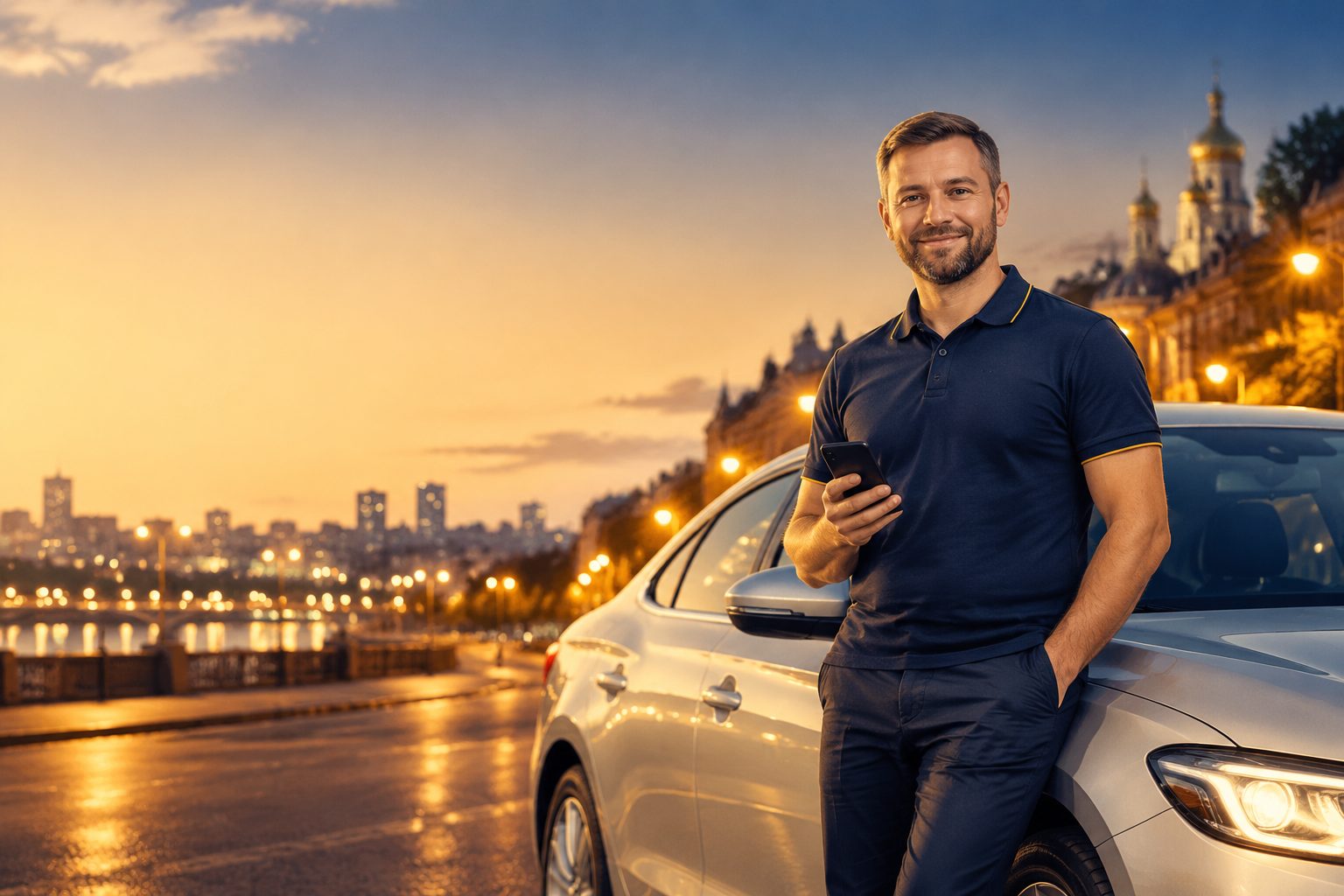 Водій SD Taxi біля авто з телефоном
